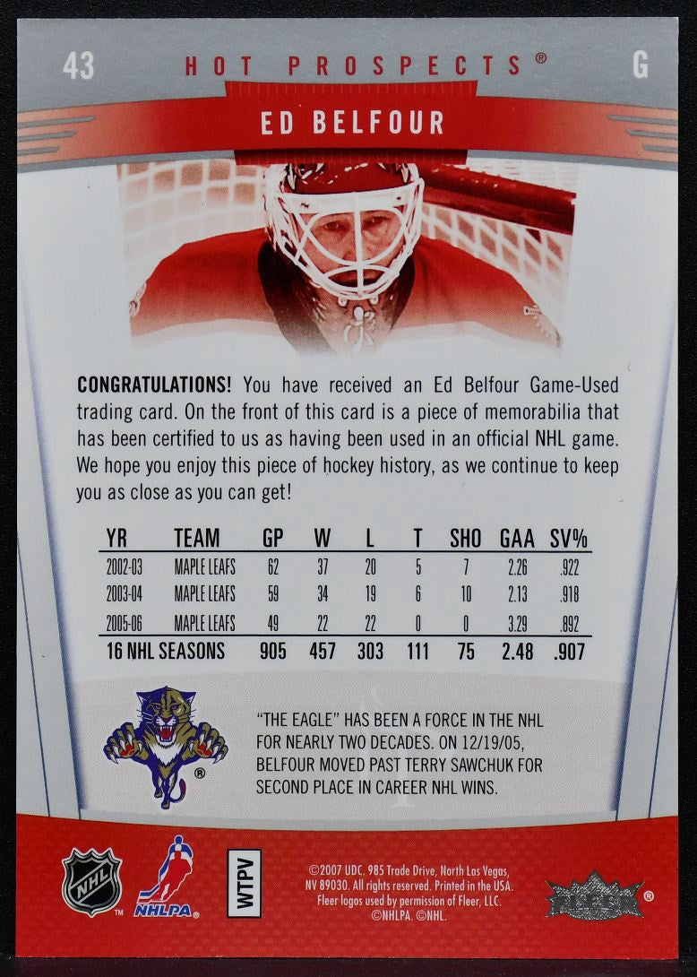2006-07 UD Hot Prospects Authentic  Belfour 43 Panthers 067/100 Jersey 3350