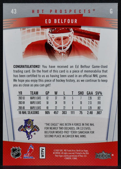 2006-07 UD Hot Prospects Authentic  Belfour 43 Panthers 067/100 Jersey 3350