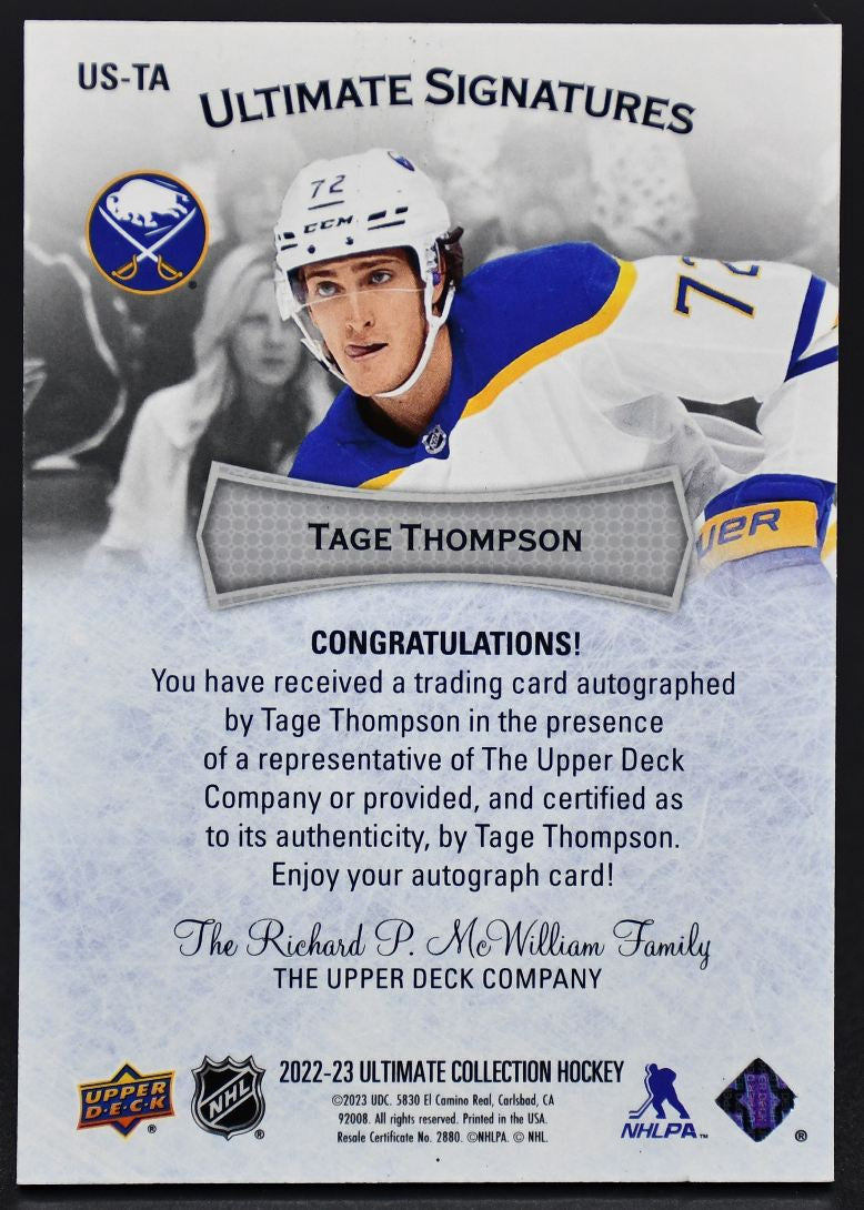 2022-23 UD Ultimate Collection Signatures Tage Thompson Buffalo Sabres Auto