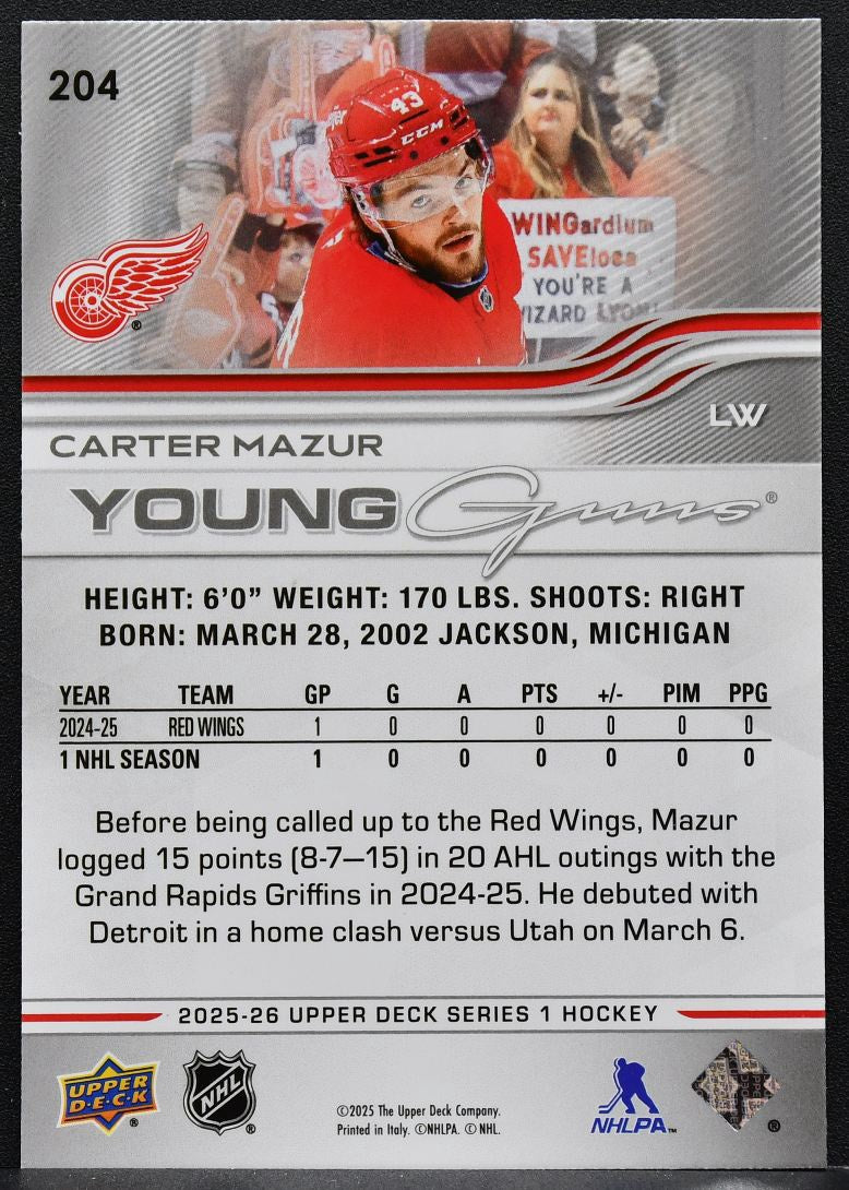 2025-26 Upper Deck Series 1 Young Guns Carter Mazur 204 RC 7541