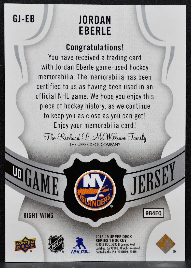 2018-19 Upper Deck Series 1 UD Game Jersey Jordan Eberle Islanders Jersey 5963