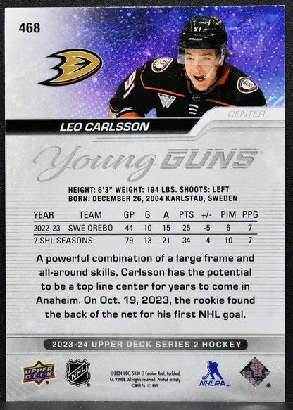 2023-24 Upper Deck Series 2 Young Guns Leo Carlsson 468 Anaheim Ducks RC 8067