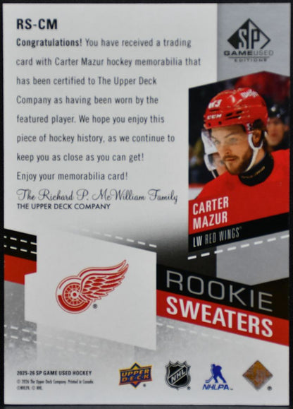 2025-26 SP Game Used Rookie Sweaters Carter Mazur Wings RC /299 Jersey 4877