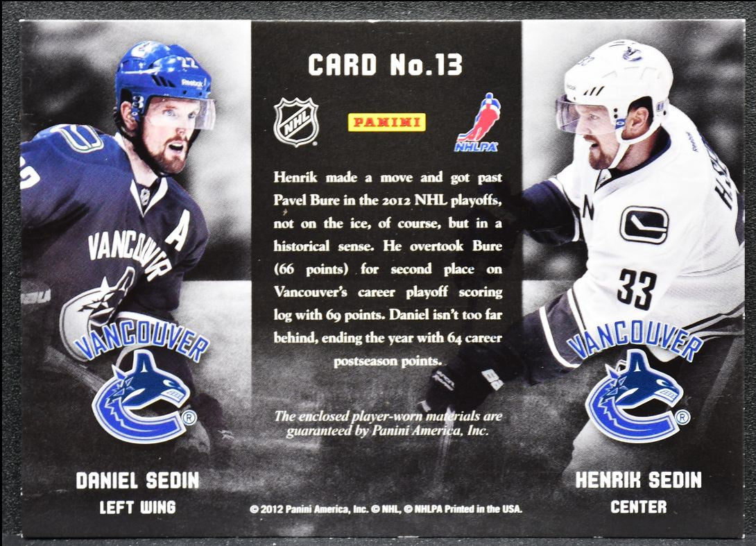 2012-13 Panini Prime Combos Dual Jerseys Sedin/Sedin /225 Jersey 5211