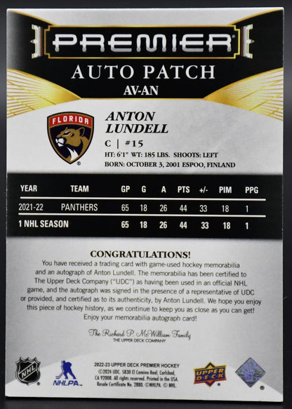 2022-23 UD Premier Anton Lundell AV-AN Florida Panthers Auto 17/49 Patch