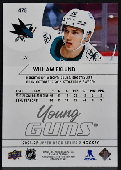 2021-22 Upper Deck Series 2 Young Guns William Eklund 475 San Jose Sharks RC 5906