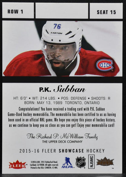 2015-16 Fleer Showcase Flair P.K. Subban 15 Montreal Canadiens Jersey 2943