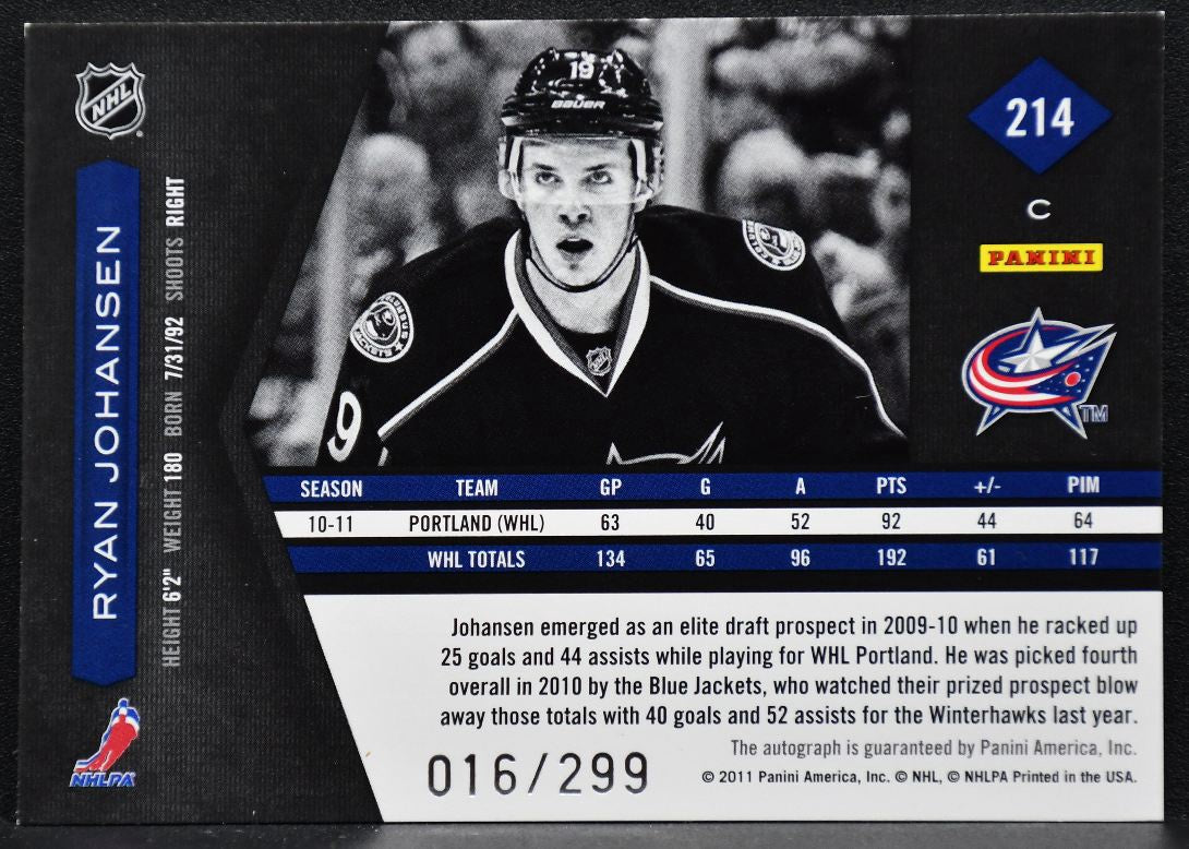 2011-12 Panini Limited Phenoms Ryan Johansen 214 RC Auto 016/299 Patch 3931