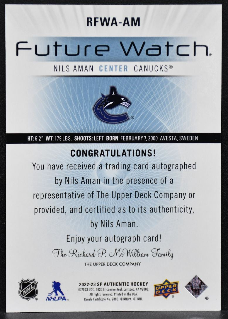 2022-23 SP Authentic Retro Future Watch Autographs Nils Aman RFWA-AM Auto /699
