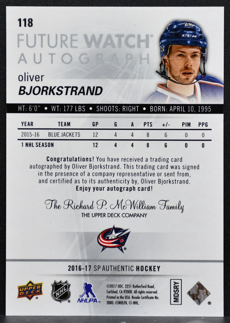 2016-17 SP Authentic Future Watch Auto Bjorkstrand Jackets RC Auto 904/999 1094