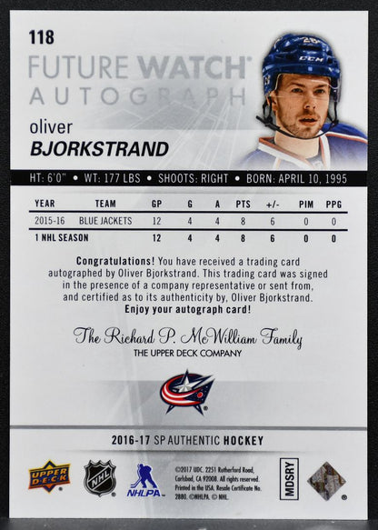 2016-17 SP Authentic Future Watch Auto Bjorkstrand Jackets RC Auto 904/999 1094