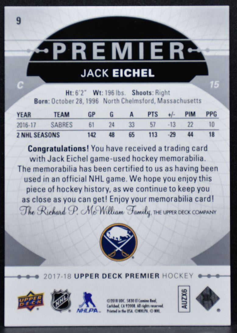 2017-18 Upper Deck Premier Base Relics Jack Eichel 9 Buffalo Sabres Jersey 4408