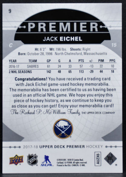 2017-18 Upper Deck Premier Base Relics Jack Eichel 9 Buffalo Sabres Jersey 4408