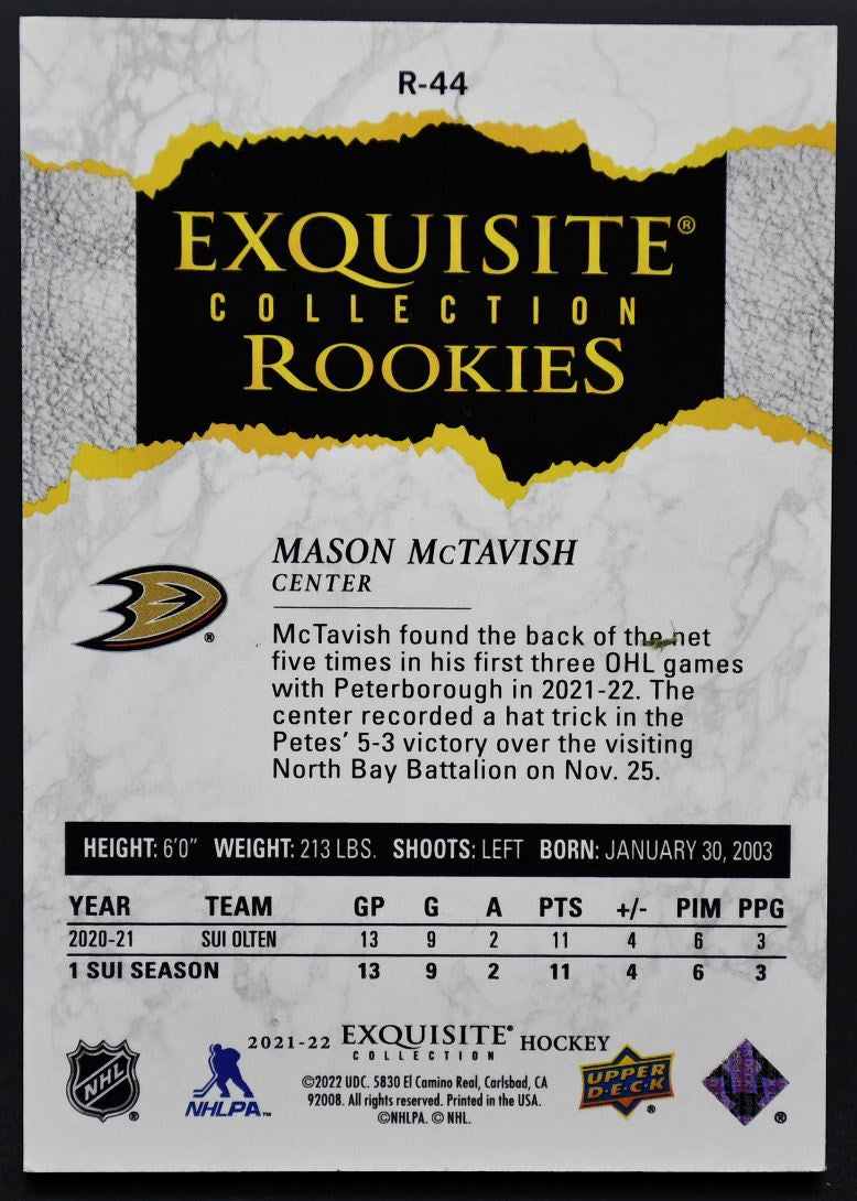 2021-22 UD Exquisite Collection Mason McTavish R-44 Anaheim Ducks RC 79/99