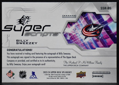 2023-24 SPx Rookie Superscripts Billy Sweezey SSR-BS Blue Jackets RC Auto