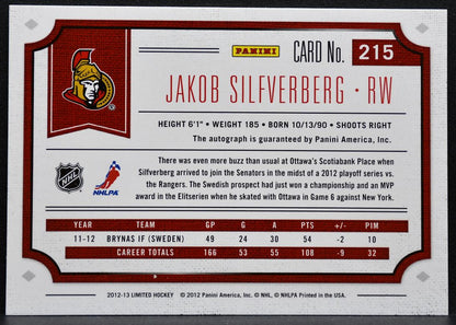 2012-13 Panini Limited Phenoms Jakob Silfverberg RC Auto 250/499 Jersey 2442