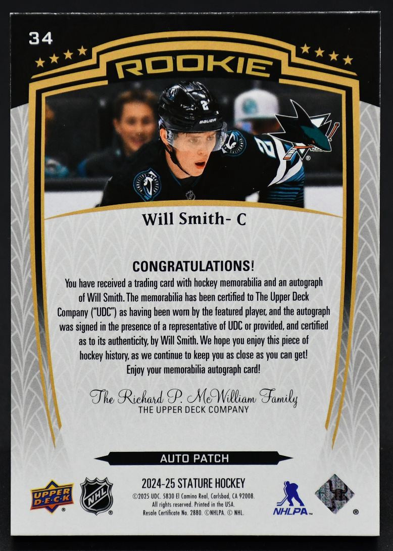 2024-25 UD Stature Rookie Auto Patch Will Smith 34 RC Auto 43/49 Patch