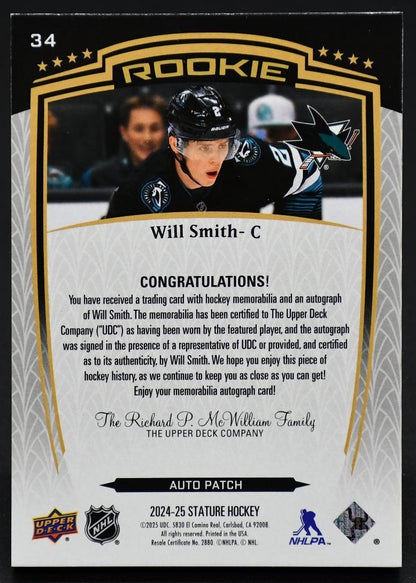 2024-25 UD Stature Rookie Auto Patch Will Smith 34 RC Auto 43/49 Patch
