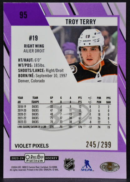 2023-24 O-Pee-Chee Platinum Violet Pixels Troy Terry 95 Anaheim Ducks 245/299 7062
