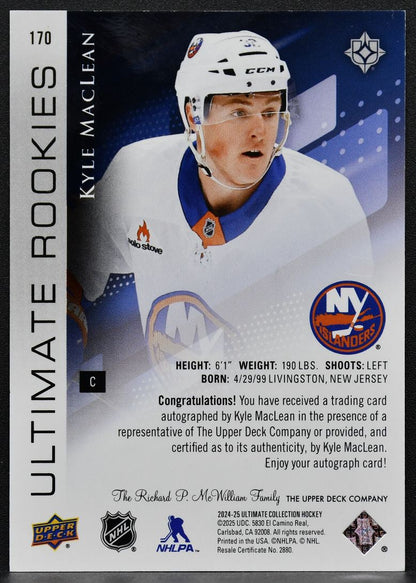 24-25 UD Ultimate Collection RCs Auto Kyle MacLean 170 Islanders RC Auto 246/299 3148