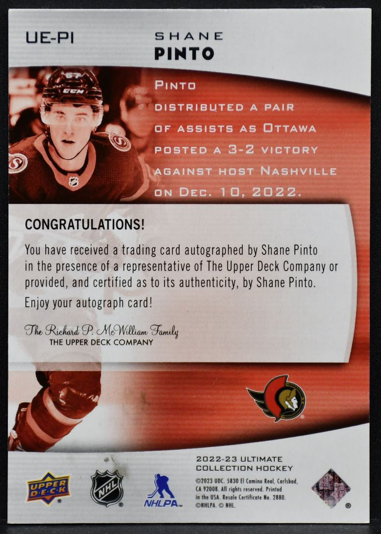 2022-23 UD Ultimate Collection Emblems Auto Shane Pinto UE-PI Auto