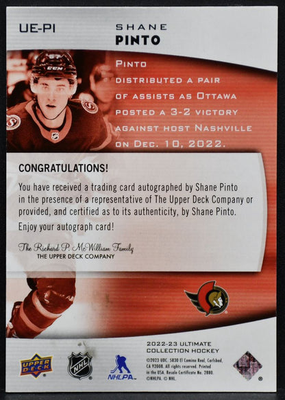 2022-23 UD Ultimate Collection Emblems Auto Shane Pinto UE-PI Auto