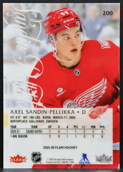 2025-26 Flair Axel Sandin-Pellikka 200 Detroit Red Wings RC 4445