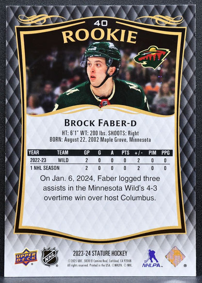 2023-24 Upper Decl Stature Rookie Brock Faber 40 Minnesota RC 672/999 1280