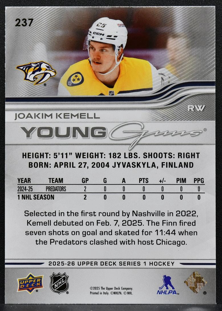2025-26 Upper Deck Series 1 Young Guns Joakim Kemell 237 Nashville Predators RC 8366