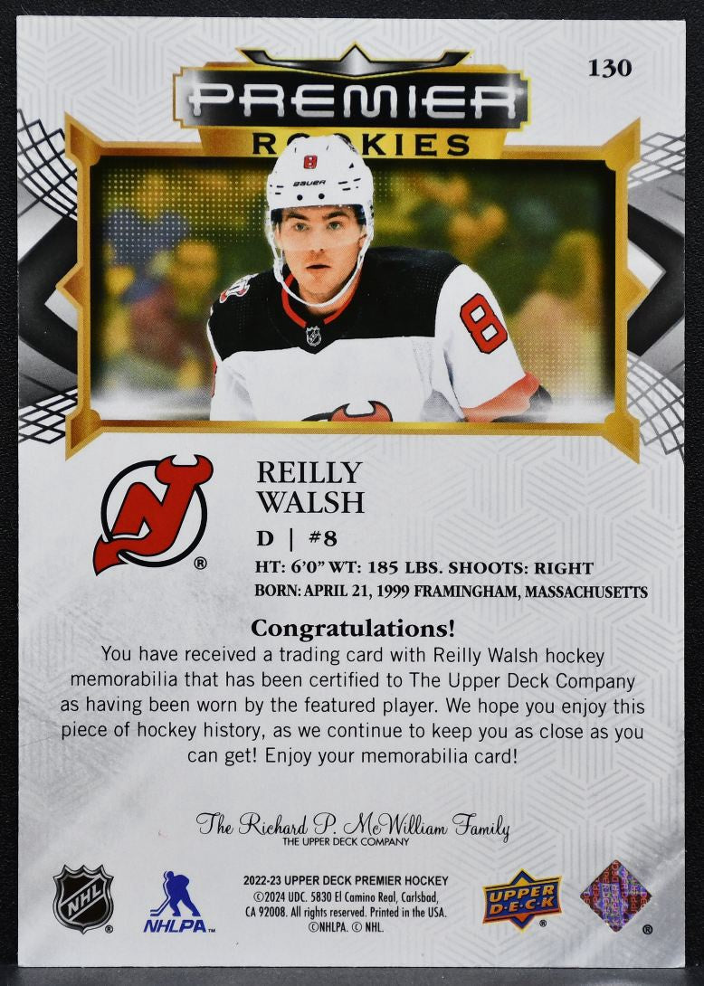 2022-23 Upper Deck Premier Rookies Reilly Walsh 130 Devils RC Jersey 2591