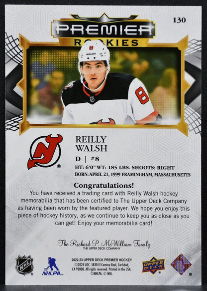 2022-23 Upper Deck Premier Rookies Reilly Walsh 130 Devils RC Jersey 2591