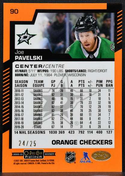 2020-21 O-Pee-Chee Platinum Orange Checkers Joe Pavelski Dallas Stars 24/25 8266