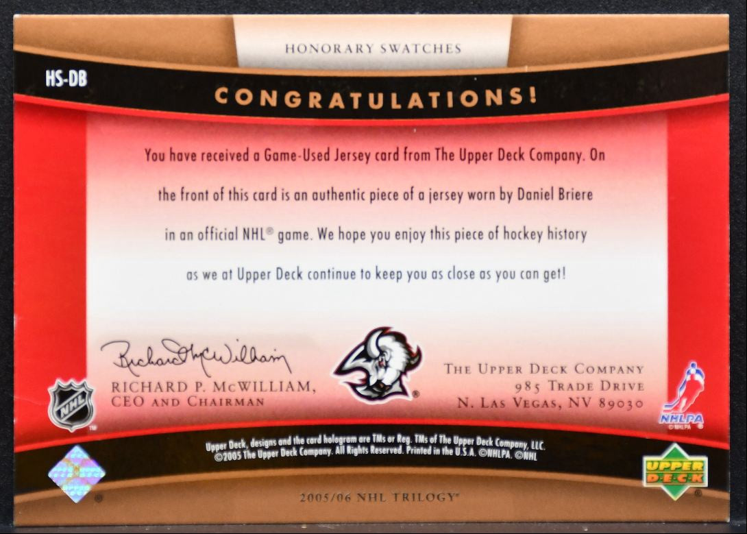 2005-06 Upper Deck Trilogy Honorary Swatches Daniel Briere Sabres Jersey 5302
