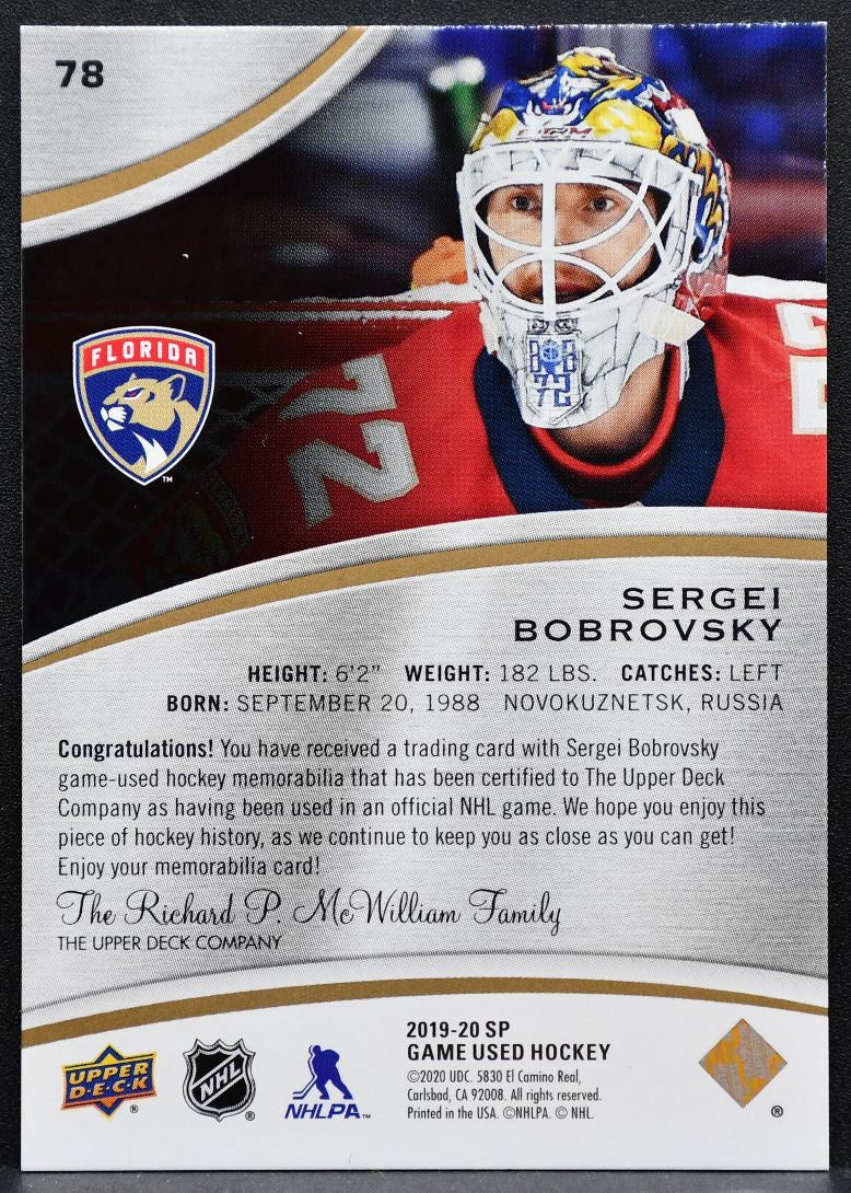 2019-20 SP Game Used Jersey Sergei Bobrovsky 78 Florida Panthers Jersey 3056