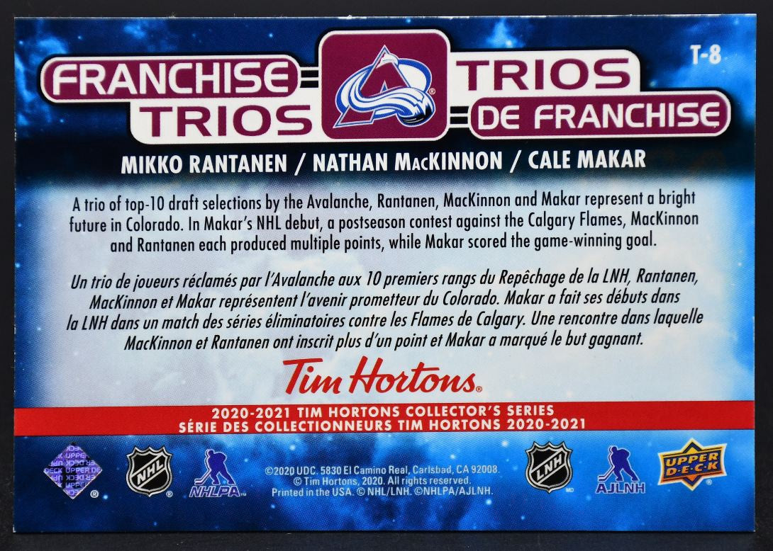2020-21 UD Tim Hortons Rantanen / MacKinnon / Makar T-8 Colorado Avalanche