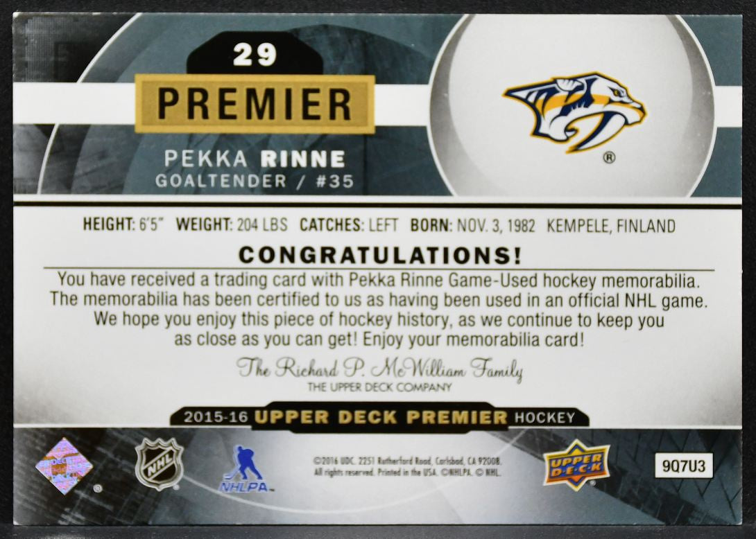 2015-16 Upper Deck Premier Base Jersey Pekka Rinne Predators 039/199 Jersey 3134