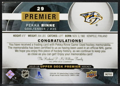 2015-16 Upper Deck Premier Base Jersey Pekka Rinne Predators 039/199 Jersey 3134