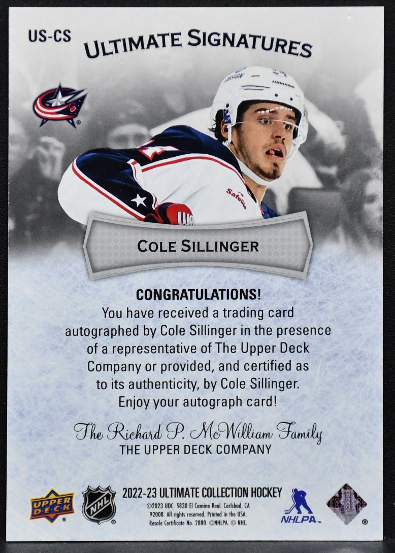 2023-24 UD Ultimate Collection Signatures Cole Sillinger US-CS Auto