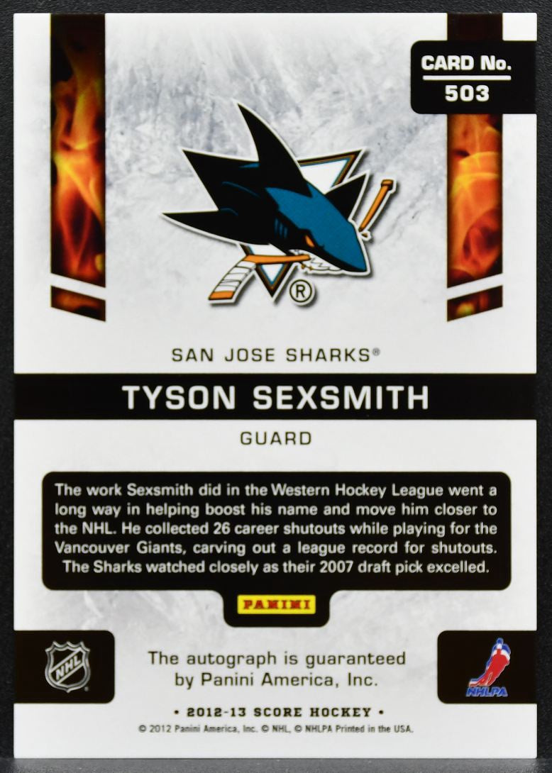 2012-13 Score Rookie Hot Sexsmith 503 San Jose Sharks RC Auto 0881