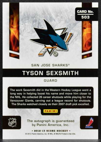 2012-13 Score Rookie Hot Sexsmith 503 San Jose Sharks RC Auto 0881