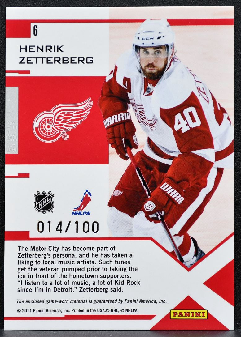 2010-11 Panini Zenith Epix Jersey Henrik Zetterberg Red Wings Jersey 9037