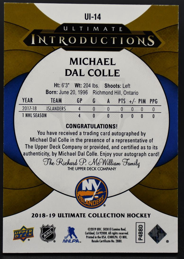 2018-19 UD Ultimate Collection Introductions - Dal Colle New York Islanders Auto