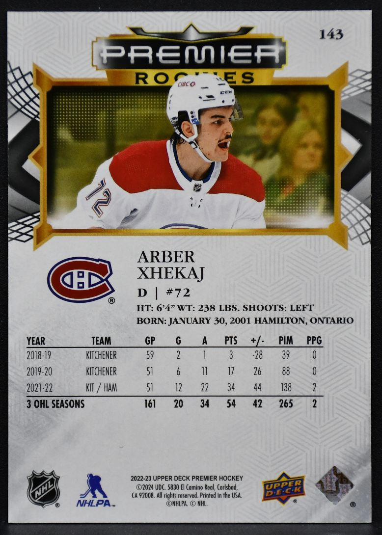 2022-23 UD Premier Rookies Arber Xhekaj 143 Montreal Canadiens RC 337/399 2127