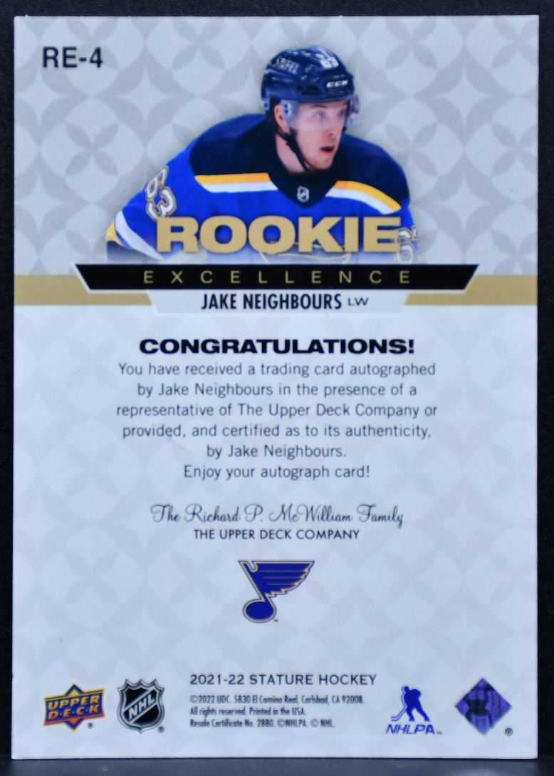 2021-22 UD Stature Rookie Excellence Auto Jake Neighbours Blues RC Auto 2916
