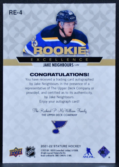 2021-22 UD Stature Rookie Excellence Auto Jake Neighbours Blues RC Auto 2916