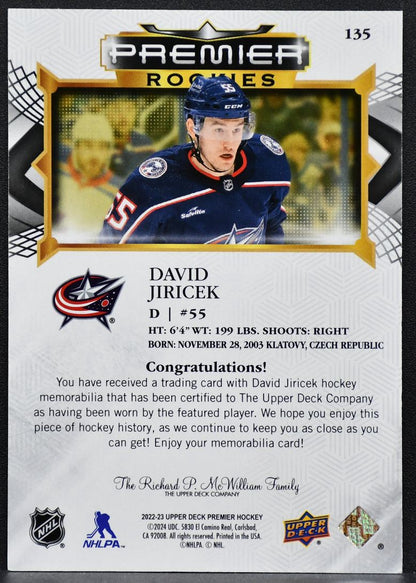 2022-23 UD Premier Rookies Jersey David Jiricek 135 David Jiricek RC Jersey 7222
