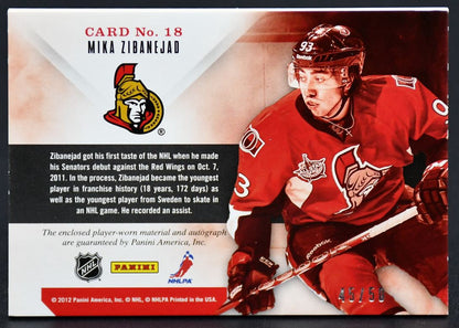 2012-13 Panini Prime Prime Time Rookie Mika Zibanejad 18 Auto 45/50 Jersey