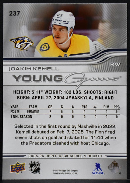 2025-26 Upper Deck Series 1 Young Guns Joakim Kemell 237 Nashville Predators RC 5975