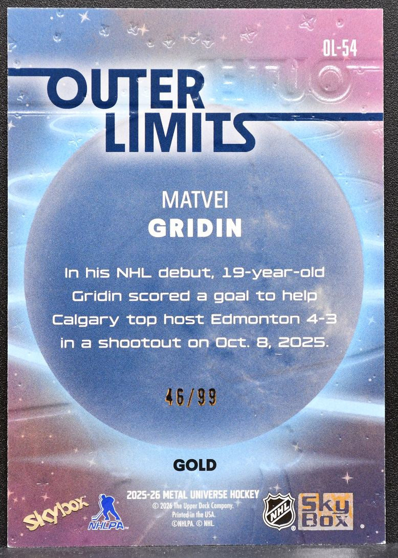 2025-26 SkyBox Metal Universe Outer Limits Gold Matvei Gridin Flames RC 9638