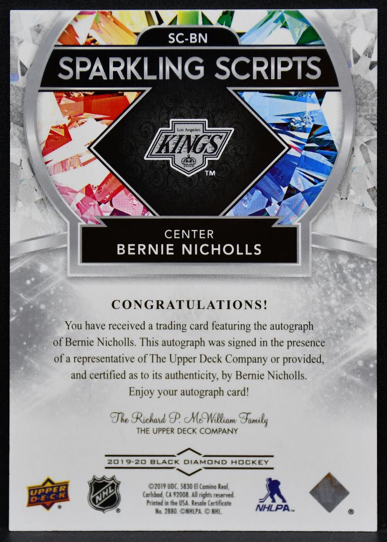 2019-20 UD Black Diamond Sparkling Scripts Bernie Nicholls SC-BN Kings Auto 5989